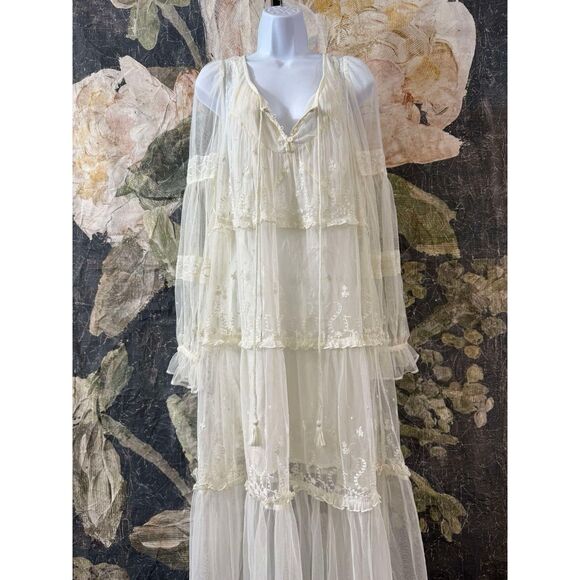 New Free People Stevie Maxi Dress Embroidered Sheer Mesh Ruffled Lined Sz Medium - Picture 6 of 9